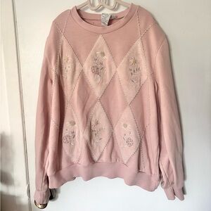 Pastel pink grandma core embroidered bedazzled argyle floral cozy vintage sweatr